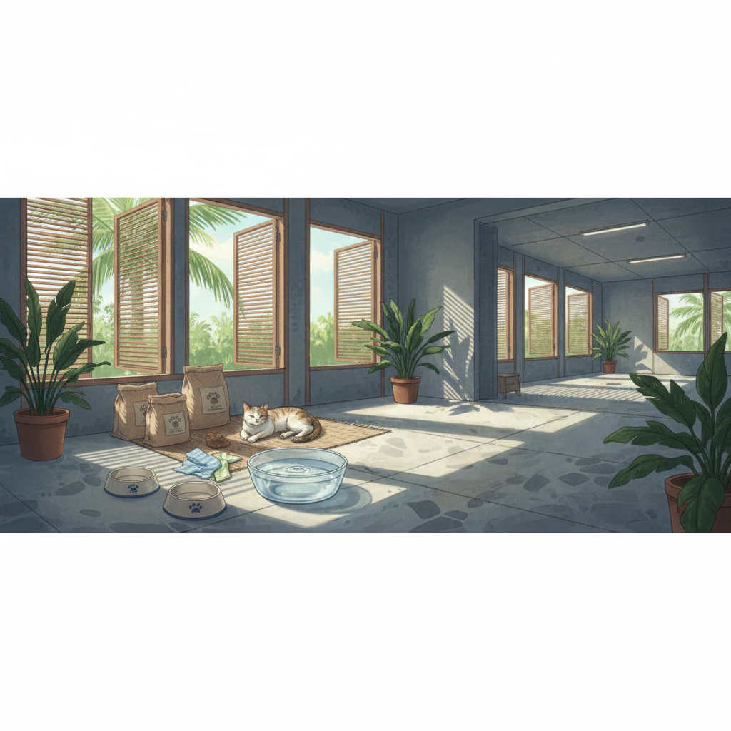 猫とフード・清掃用品を描いた記事専用イラスト