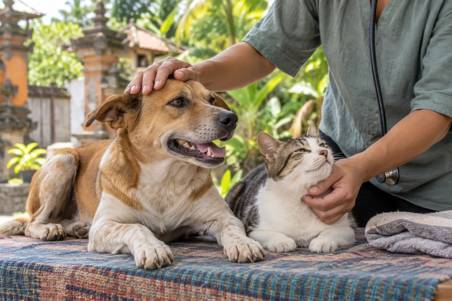 バリ島の地域動物福祉をテーマに、犬と猫がケアを受ける様子を描いたAI生成イメージ