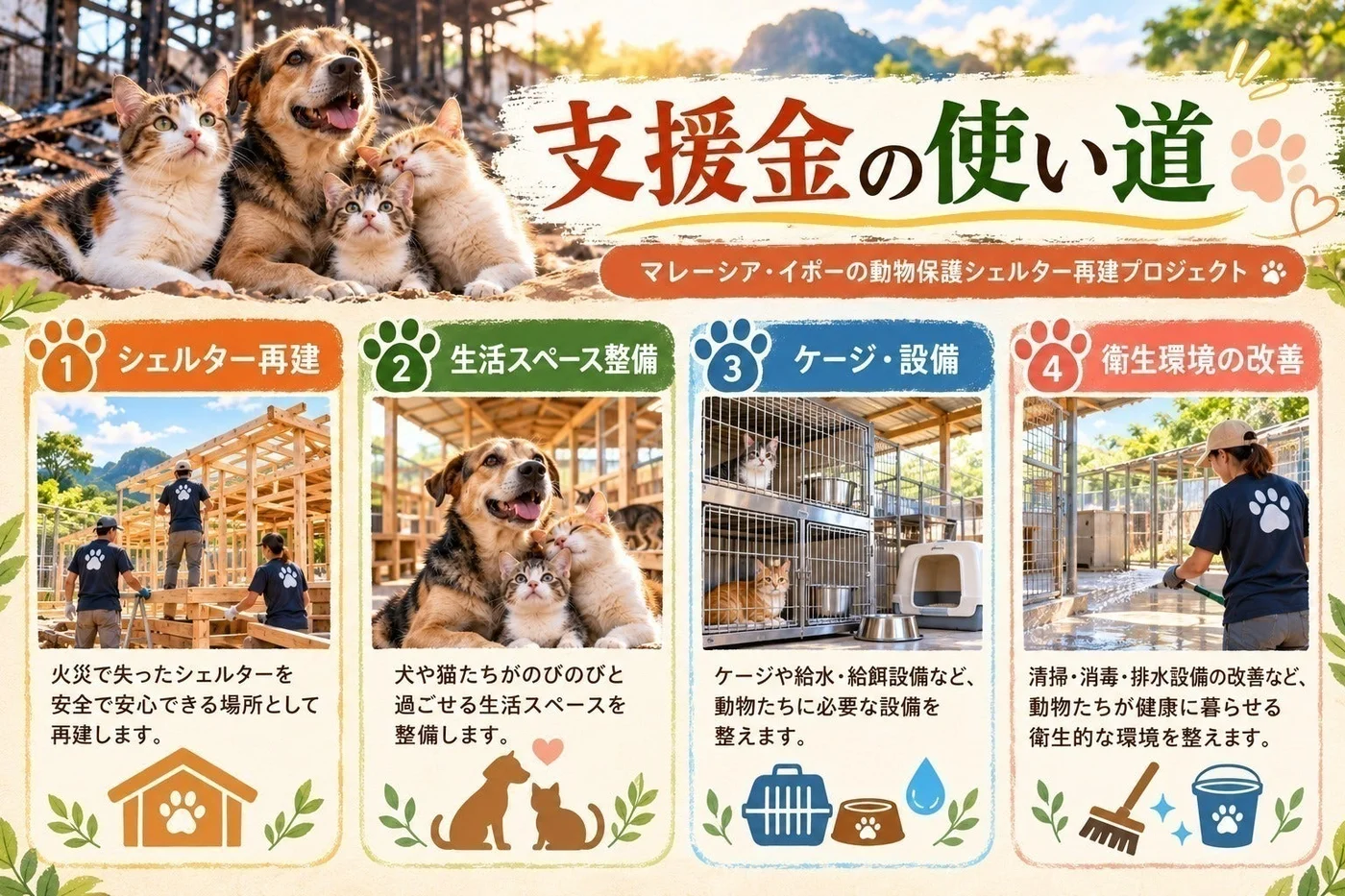再建・生活スペース・設備・衛生環境の整備を示す募集用図解